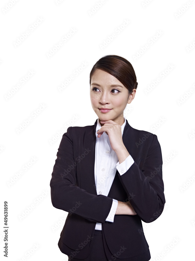 asian businesswoman thinking with hand on chin asian businesswoman thinking with hand on chin