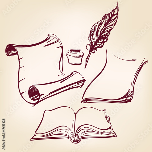 old blank scroll paper and feather pen