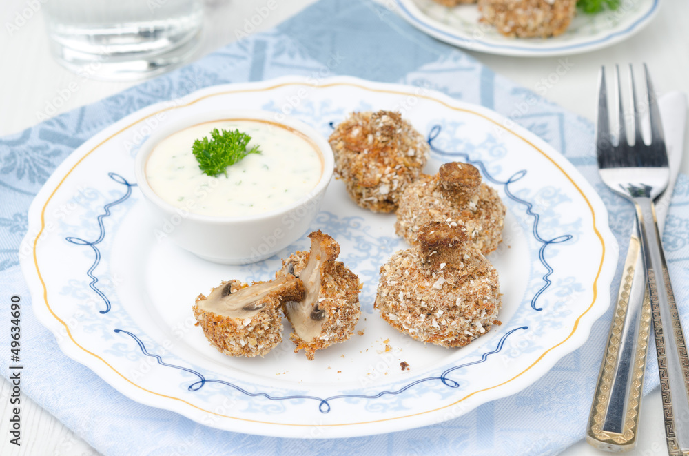 appetizer of fried mushrooms with yoghurt sauce appetizer of fried mushrooms with yoghurt sauce