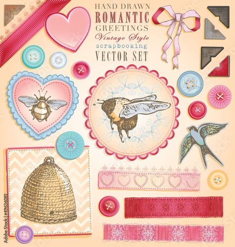 Hand Drawn Vintage Style Romantic Scrapbook Vector Set
