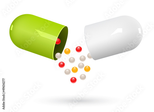 Green and white capsule pills on white. Vector Illustration