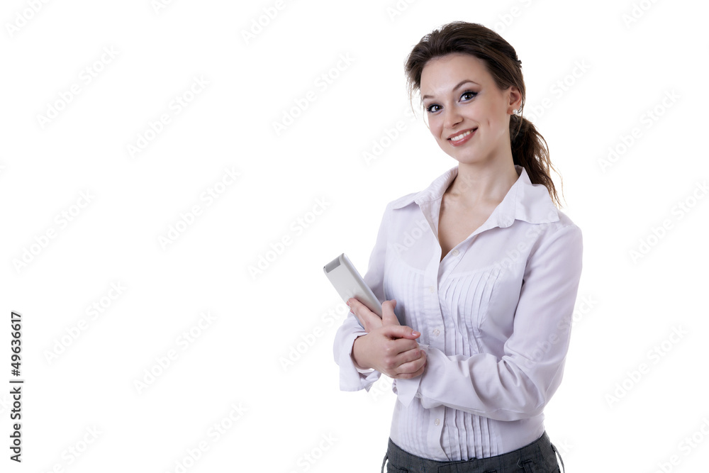 Smiling girl isolated over white with a digital tablet in her ha Smiling girl isolated over white with a digital tablet in her ha