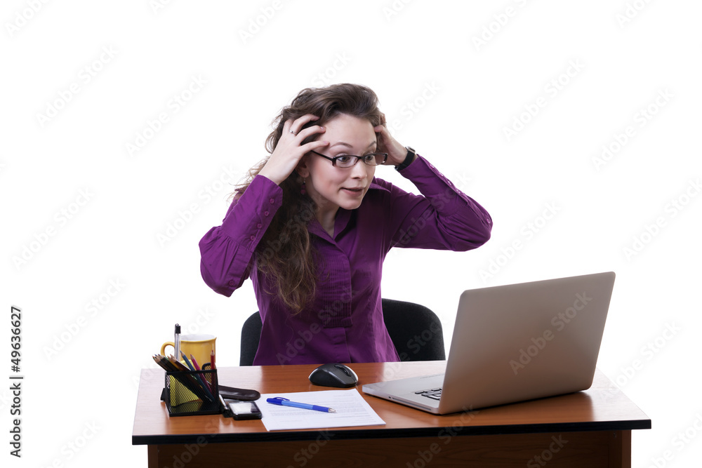 Stressed businesswoman at work isolated on white Stressed businesswoman at work isolated on white