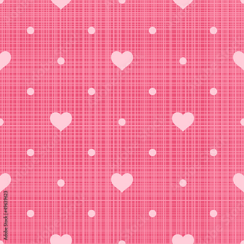 Seamless pattern. Hearts and dots on pink linen background