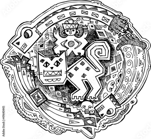 Round maya decoration representing a wild feline