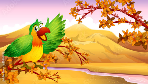 A green parrot in an autumn scenery