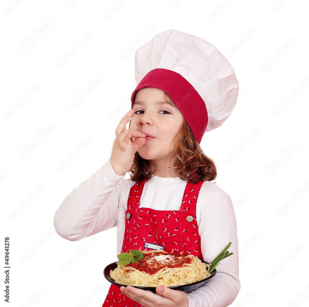 little girl cook holding a plate of spaghetti little girl cook holding a plate of spaghetti