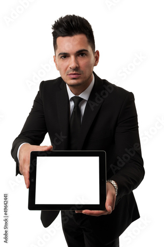 Employee showing an empty tablet