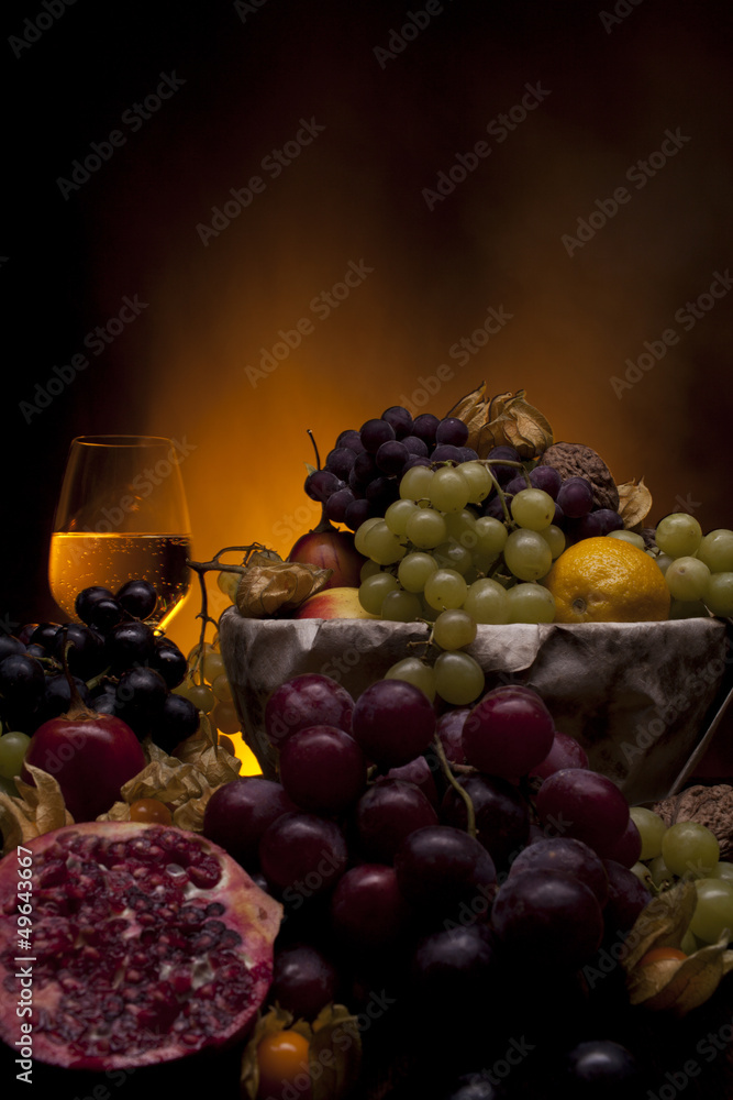 fruits with glass of white wine