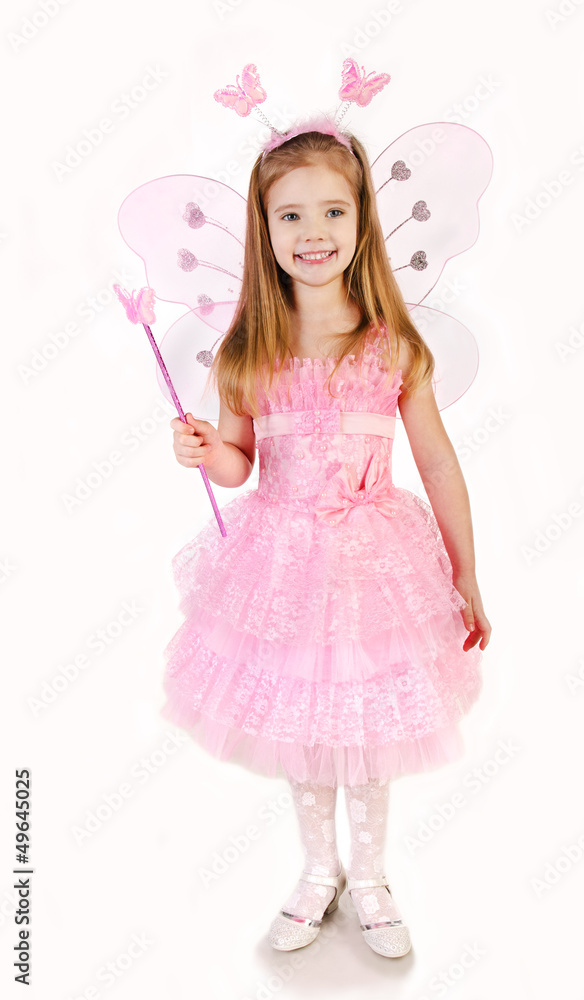 Little girl in fairy costume on a white