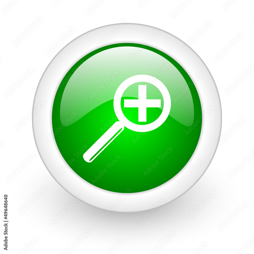 magnification green circle glossy web icon on white background