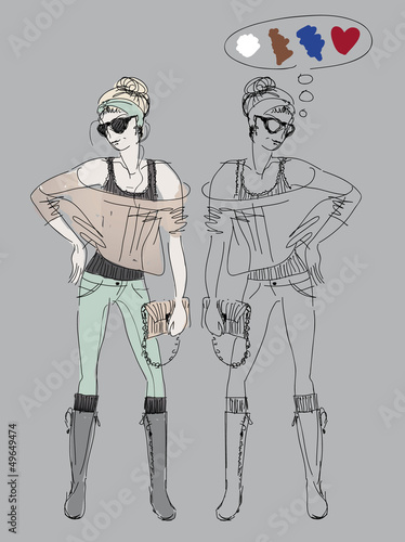 Choose your colors / Fashion sketch of spring trendy outfit