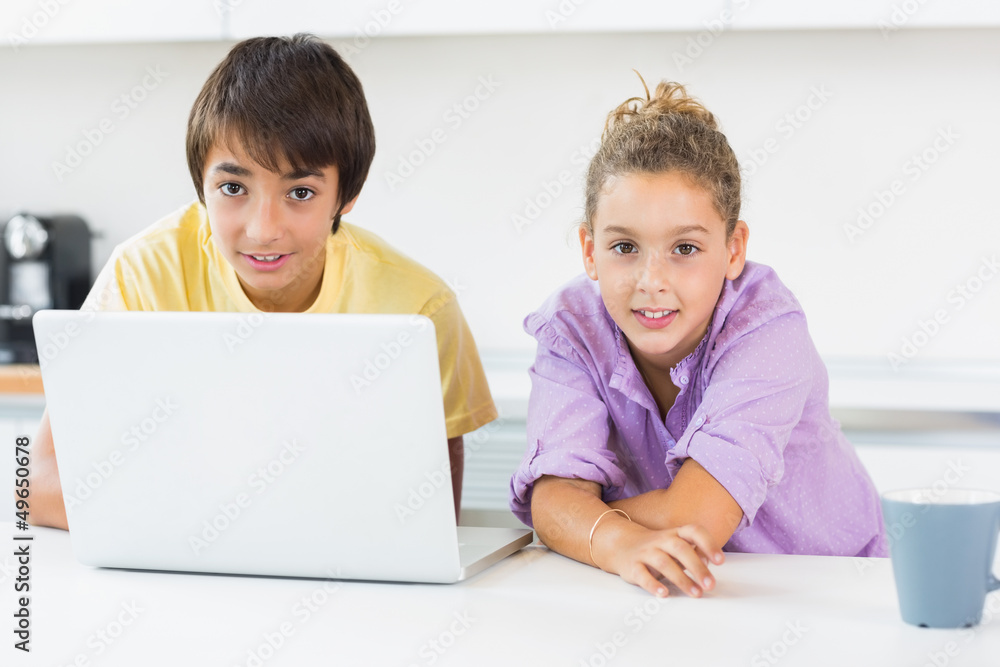 Siblings using laptop