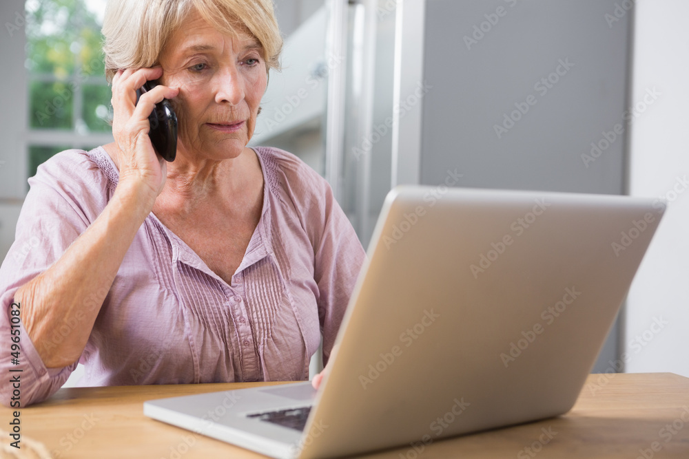 Focused woman using her laptop and calling Focused woman using her laptop and calling