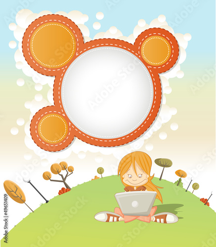Cute cartoon girl with laptop on green park