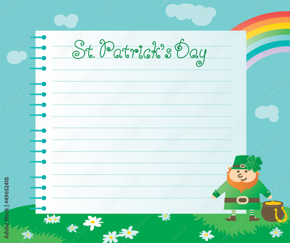 page from spiral notebook, leprechaun, pot with gold coins