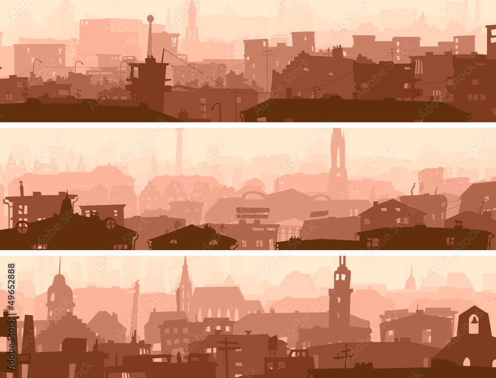 Abstract horizontal banner of town roofs.