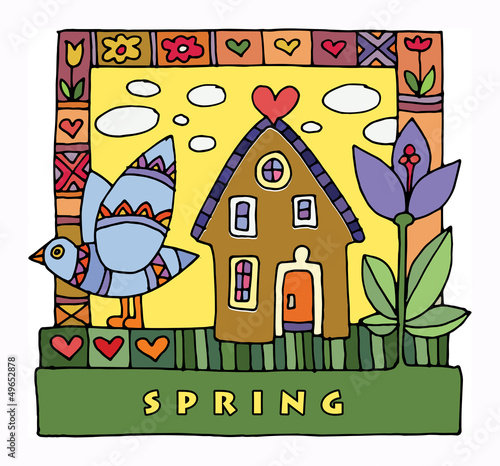 Colorful houses and garden - spring, hand drawn illustration