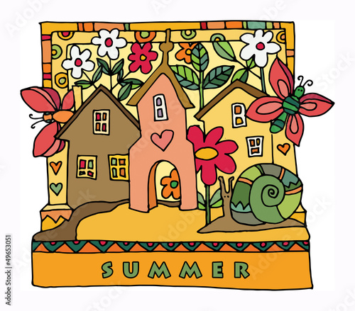 Colorful houses and garden - summer, hand drawn illustration