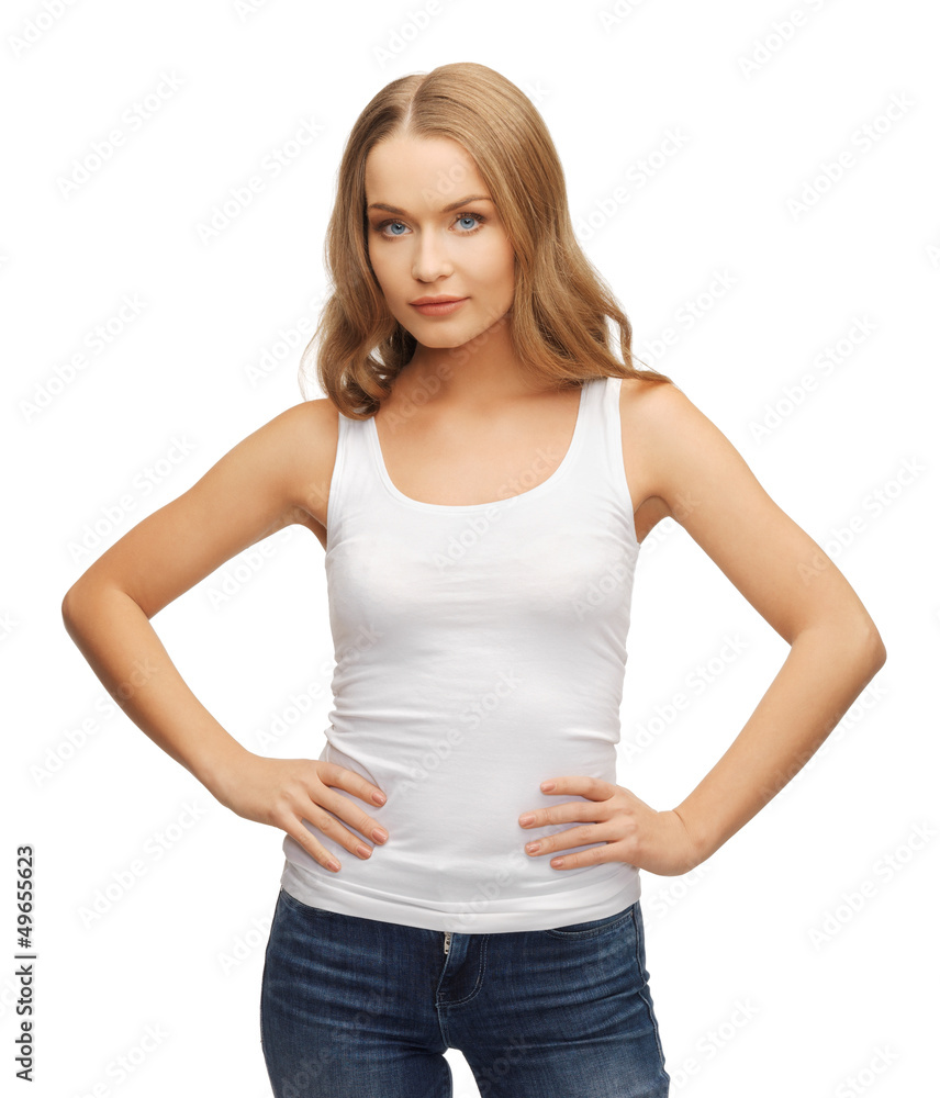 calm and serious woman in blank white t-shirt calm and serious woman in blank white t-shirt