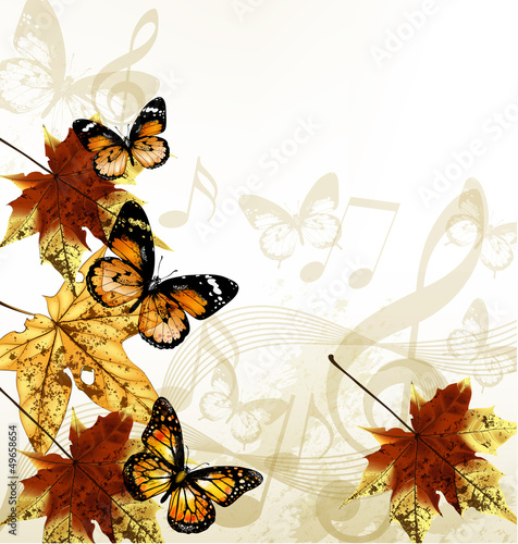 Creative art music background with autumn leafs, notes and butte