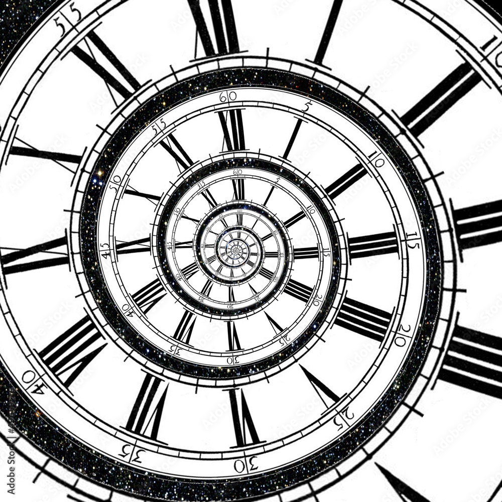Clock face stretching as a spiral into infinity with stars - obrazy, fototapety, plakaty 