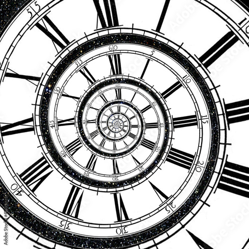 Clock face stretching as a spiral into infinity with stars