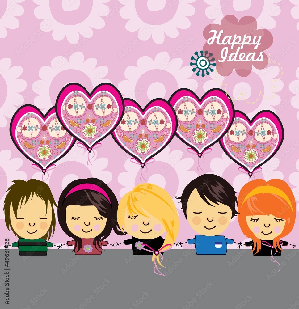 Cute girl and boy characters with hearts background Cute girl and boy characters with hearts background