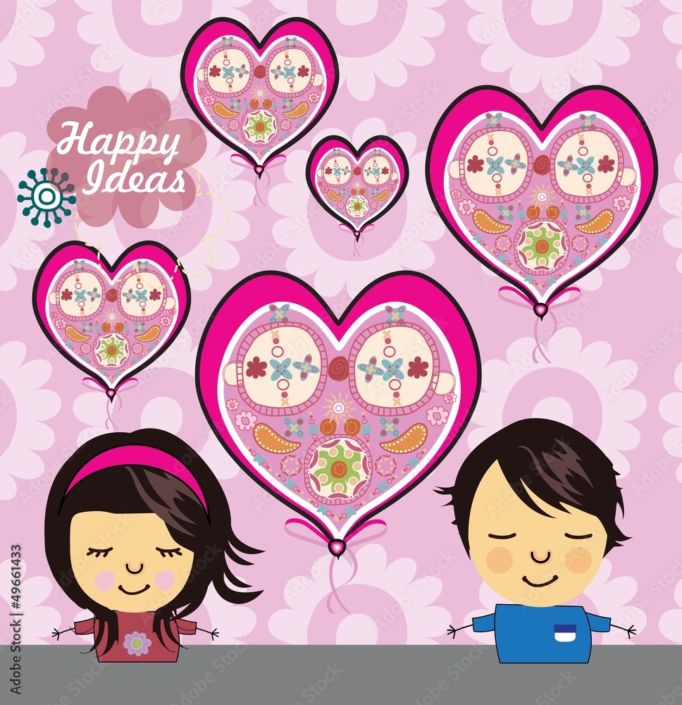 Cute girl and boy characters with hearts background Cute girl and boy characters with hearts background