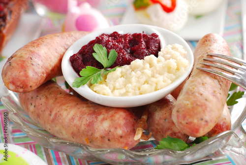 Fotografie, Tablou white sausage with beetroot and horseradish for easter