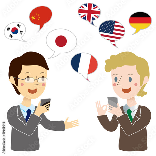 翻訳アプリで会話をするビジネスマン