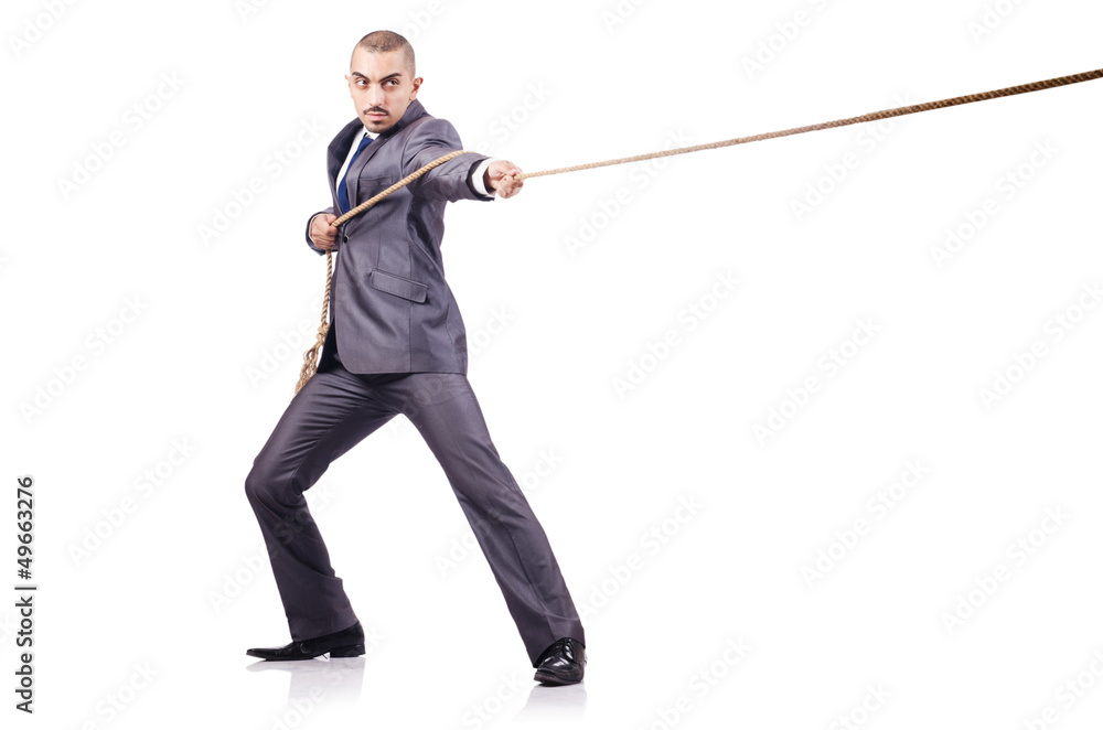 Man in tug of war concept on white Man in tug of war concept on white