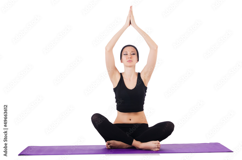 Young female doing exercises on white Young female doing exercises on white
