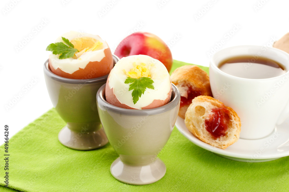 Light breakfast with boiled eggs and cup of coffee, isolated Light breakfast with boiled eggs and cup of coffee, isolated