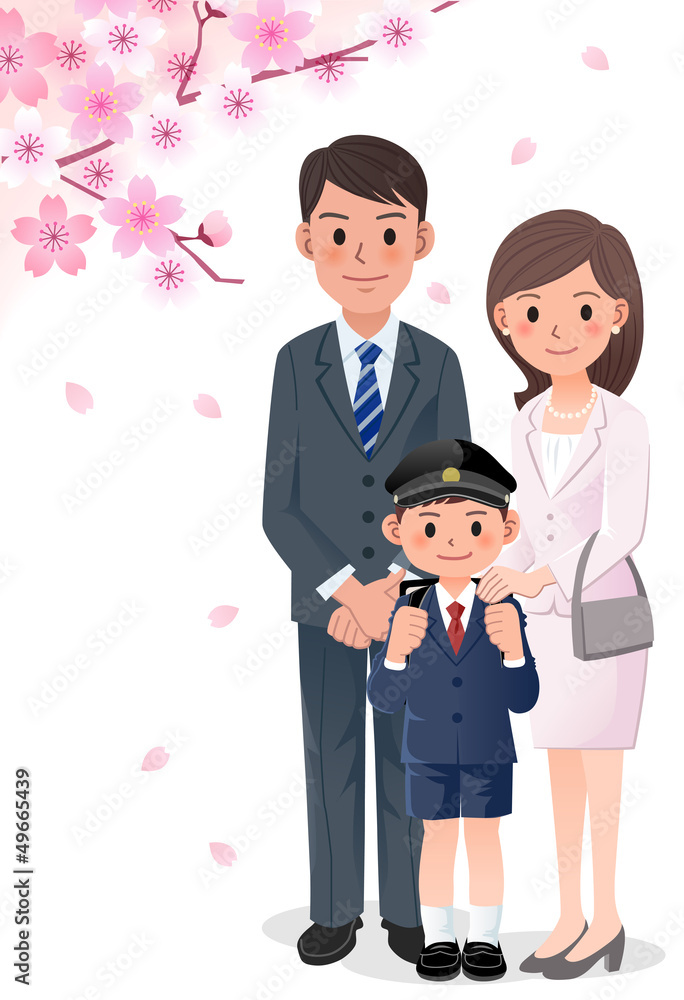 家族 桜 入学式 親子 小学校 ランドセル イラスト 母 父 息子 Stock Vector Adobe Stock