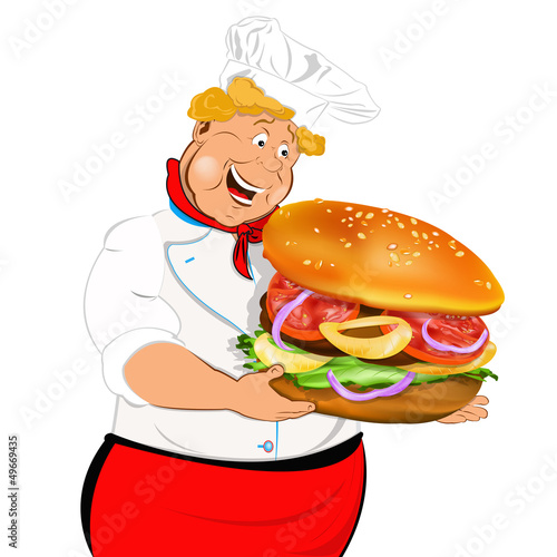 Funny Chef and best big traditional hamburger.Vector