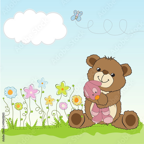 childish greeting card with teddy bear and his toy #49669863
