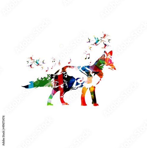 Colorful fox design with butterflies background