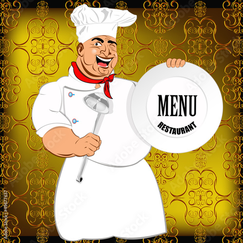 Eastern Chef and big plate on a abstract decorative background