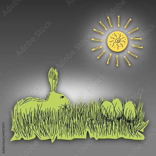 Ostermotiv - Hase, Sonne und Ostereier gezeichnet