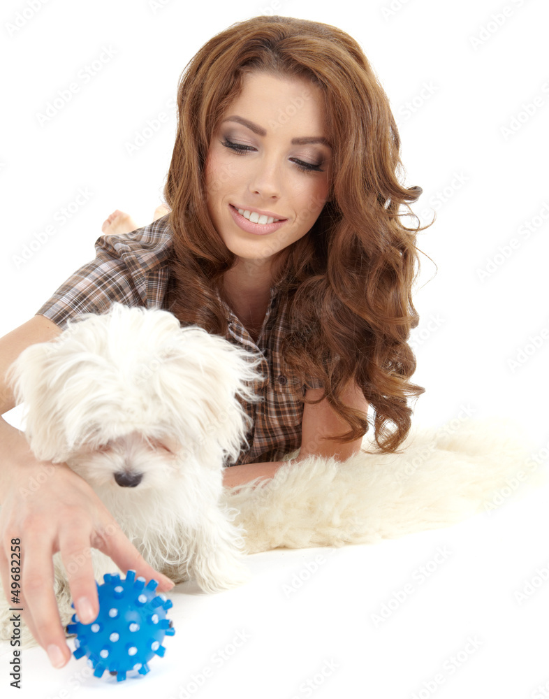 Playing with her dog Playing with her dog