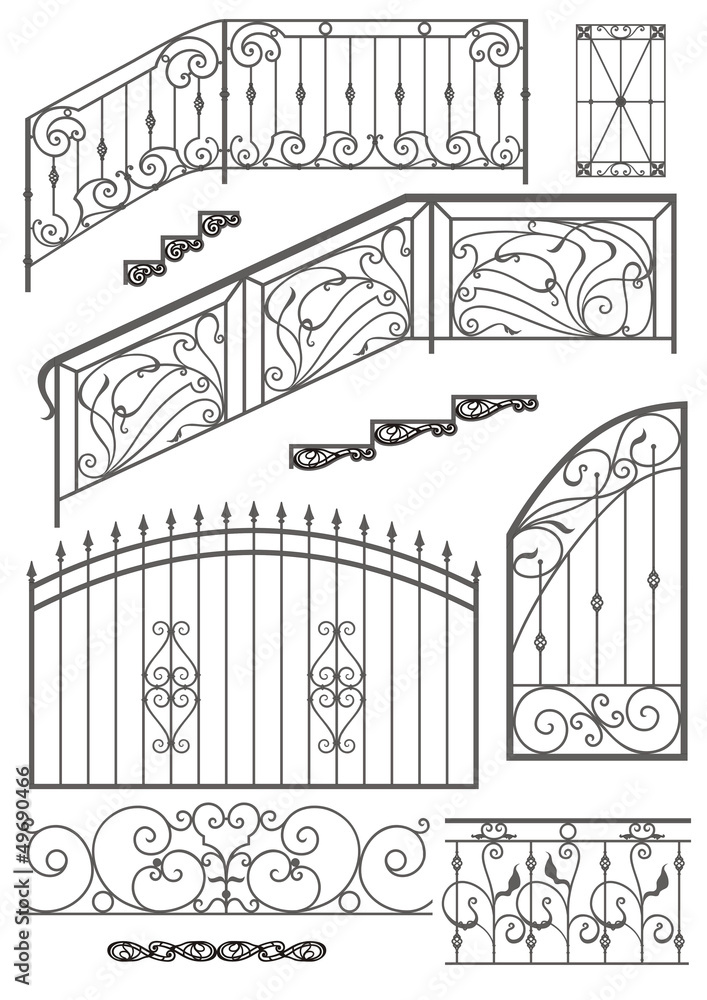 Vector set: wrought iron wicket, stairs railing, fence and windo