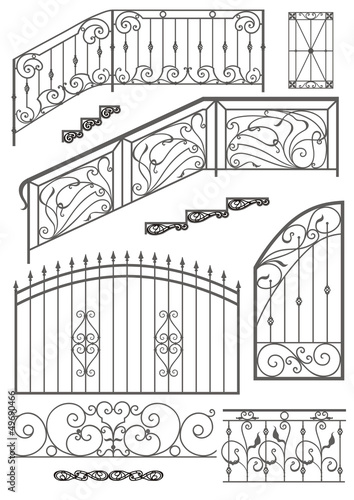 Vector set: wrought iron wicket, stairs railing, fence and windo