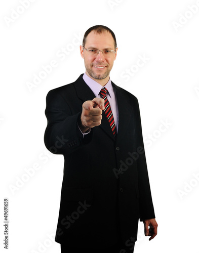 Business man point a finger at you isolated on white background