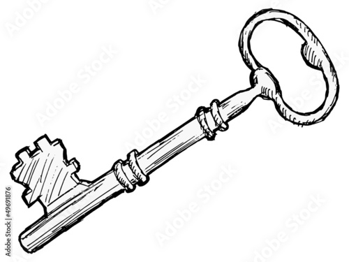 Hand drawn, vector, sketch illustration of vintage key