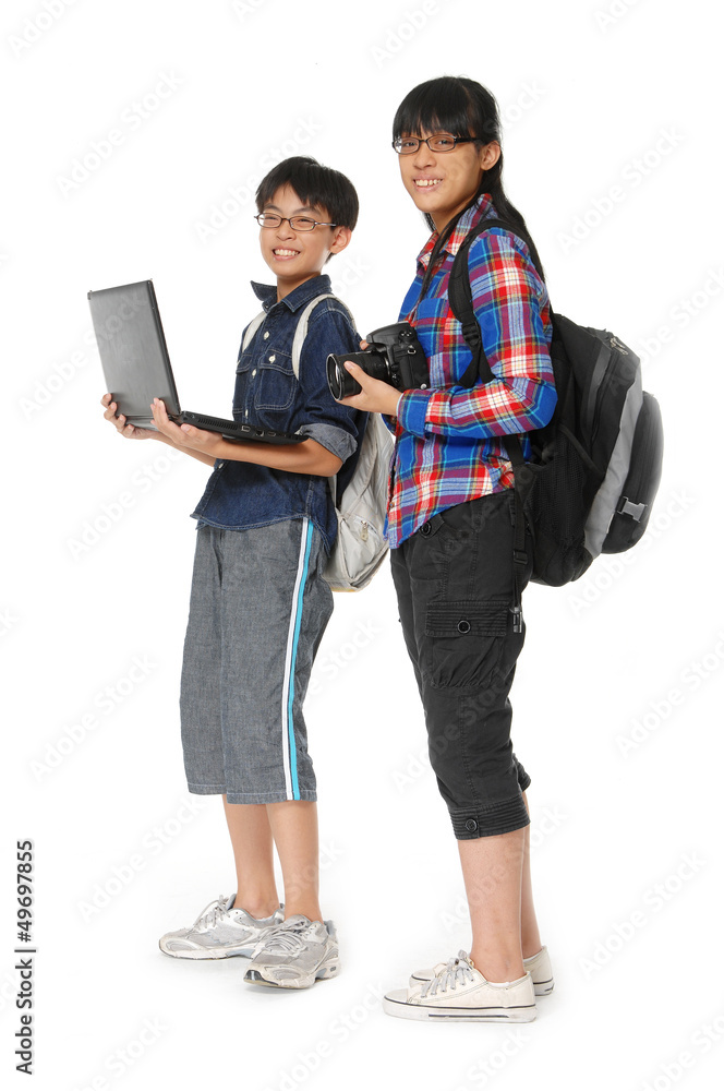 Full body Couple children with a camera with laptop