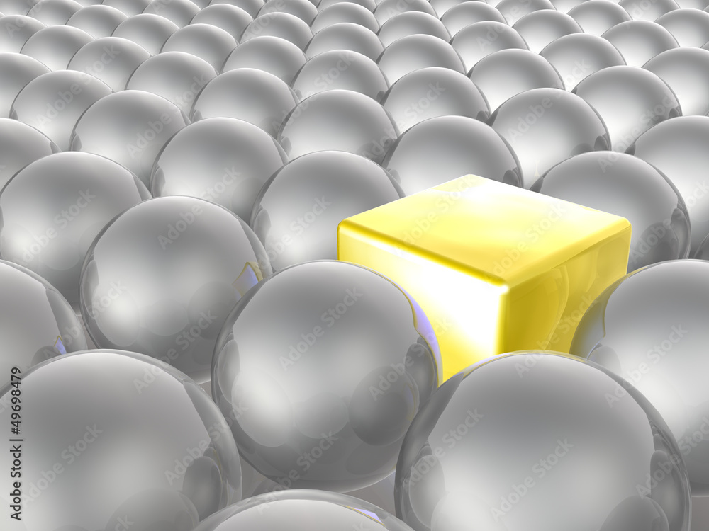 Obraz premium Yellow cube and grey spheres
