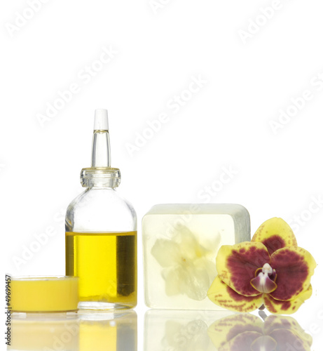 spa set-orchid  massage oil  soap with reflection