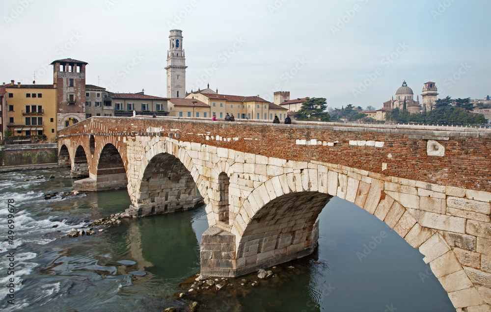 Verona - Pietra bridge  - and Duomo tower and San Giorgio