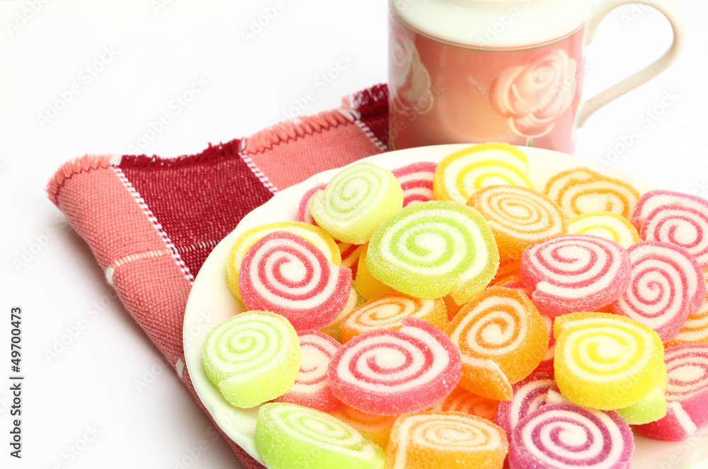 Marshmallow with gelatin dessert on a white plate Marshmallow with gelatin dessert on a white plate